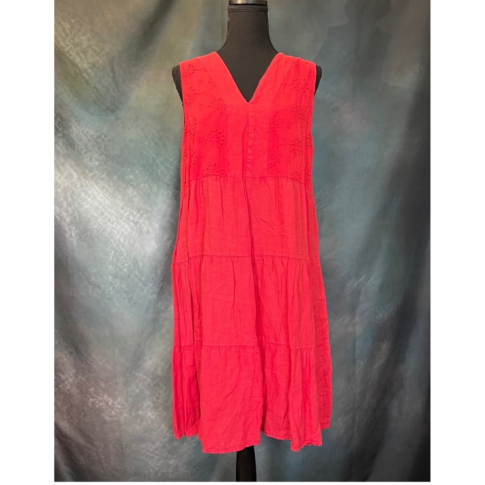 ROSEMARINE Red Linen Tiered V Neck‎ Sleeveless Dress Made in Italy Size Medium